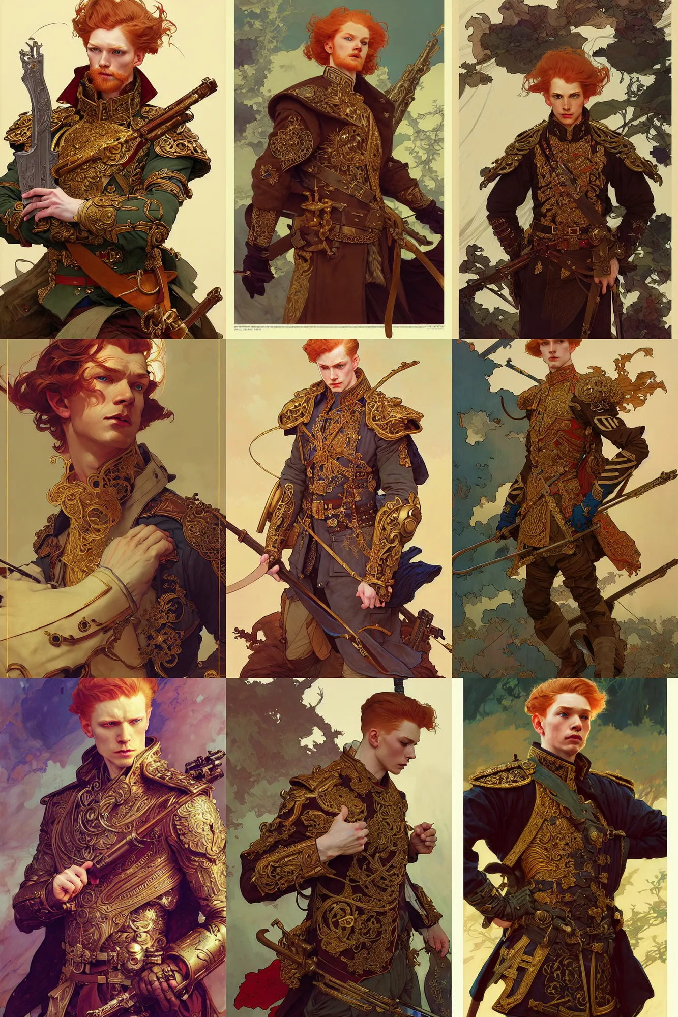 Prompt: young male general, ginger hair, russian clothes, fantasy, highly detailed, intricate, smooth, art by joseph leyendecker, peter mohrbacher, ruan jia, marc simonetti, ayami kojima, cedric peyravernay, alphonse mucha, victo ngai
