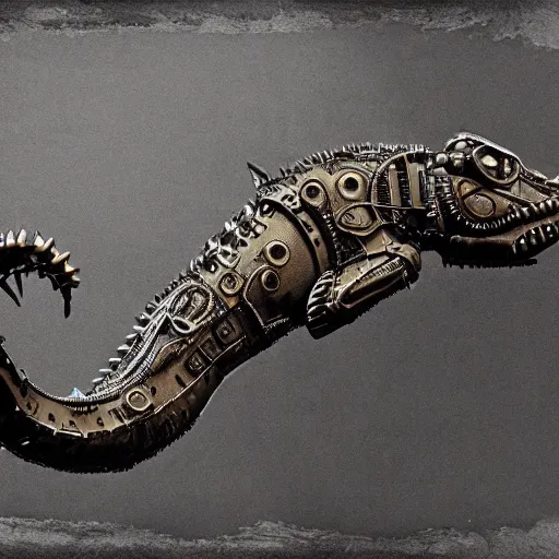 Image similar to a steampunk robotic alligator, dark background, super - detailed, photo - realistic,