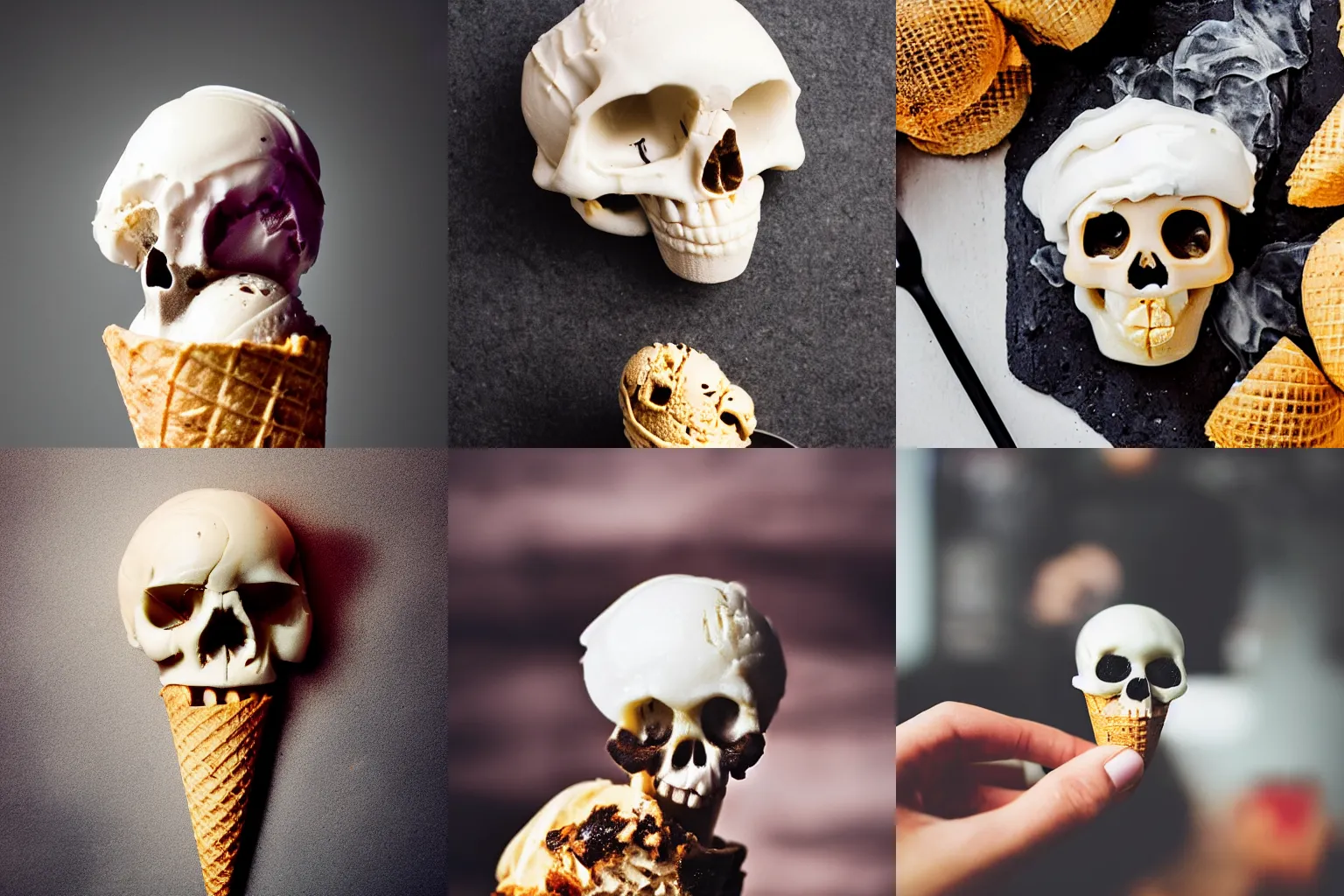 Prompt: A skull on top of an ice cream cone, food photography