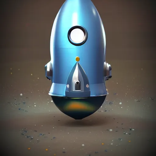 Prompt: a cute space rocket made of shiny plastic and aluminium - professional photo studio - unreal 5 - artstation trending - vintage design - dark bleu background - vignette