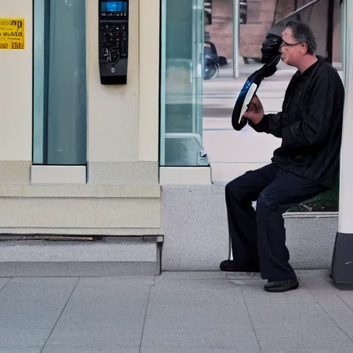 Image similar to man talking on a pay phone when a boot or foot comes through the receiver of the phone handset and kicks him in the ear