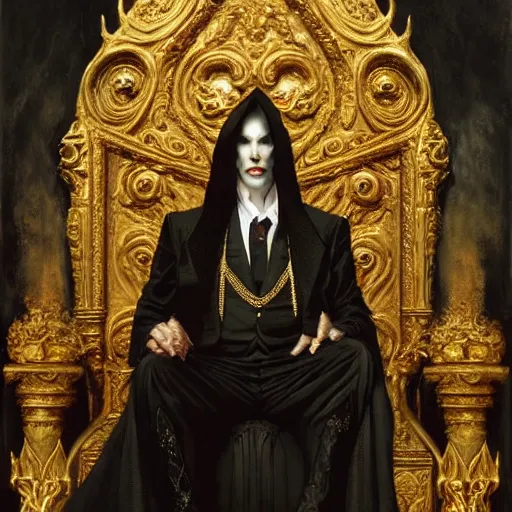 Image similar to perfectly centered portrait of attractive vampire king in gold gothic robe sitting on a throne of black bones, highly detailed painting by gaston bussiere, craig mullins, j. c. leyendecker, 8 k, mid shot