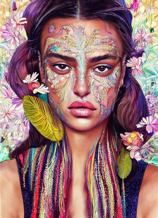 Image similar to beautiful portrait of Irina Shayk wearing dramatic Hand-dyed cotton dress,embellished beaded feather decorative fringe knots ,colorful pigtail,subtropical flowers and plants,symmetrical face,intricate,elegant,highly detailed,8k,digital painting,trending on pinterest,harper's bazaar,concept art, sharp focus, illustration,golden ratio,by artgerm,Tom Bagshaw,Lawrence Alma-Tadema,greg rutkowski