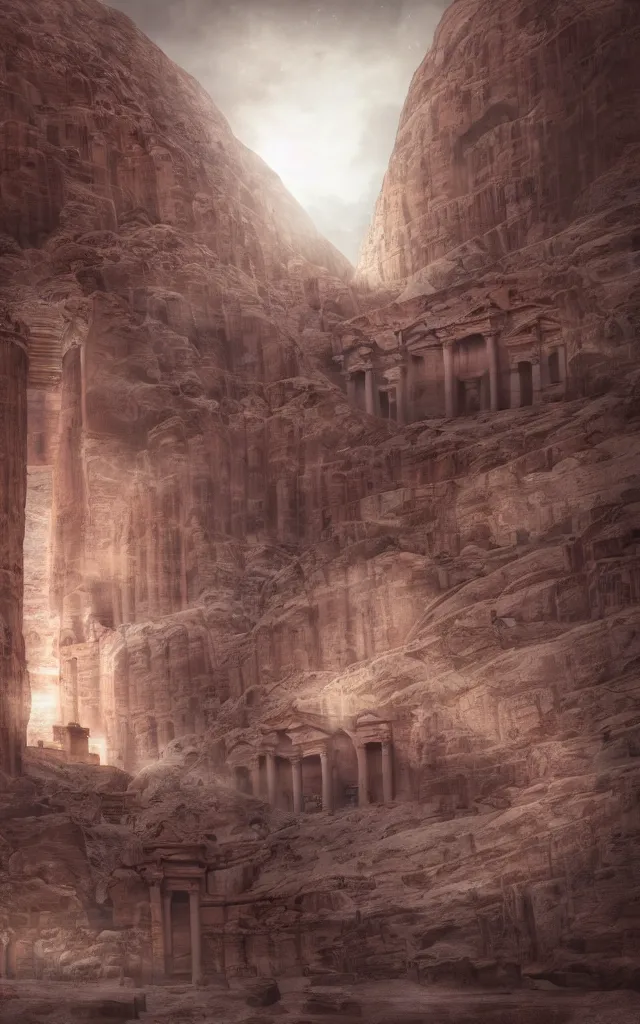 Prompt: A beautiful low angle matte painting looking up at the lost palace of petra with white flames illuminating the ruins of forgotten souls, atmospheric, low angle, mysterious, cinematic, intricate, ultra detailed, featured on artstation