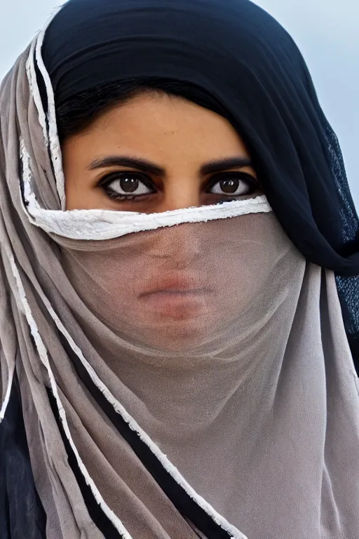 Image similar to hyperrealistic portrait from middle eastern burqa woman riding horse, super highly detail, accurate boroque, without duplication content, white border frame, medium close up shot, justify content center, symmetrical, incrinate, cinematic, dust.