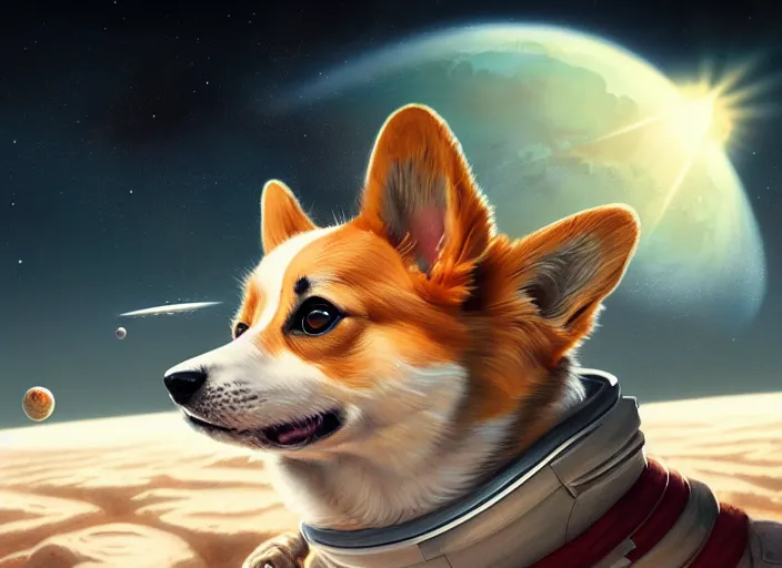 Image similar to highly detailed illustration of a corgi on the moon, artstation, cinematic lighting, hyperdetailed, cgsociety, 8k, high resolution, Charlie Bowater, Tom Bagshaw, Norman Rockwell, insanely detailed and intricate