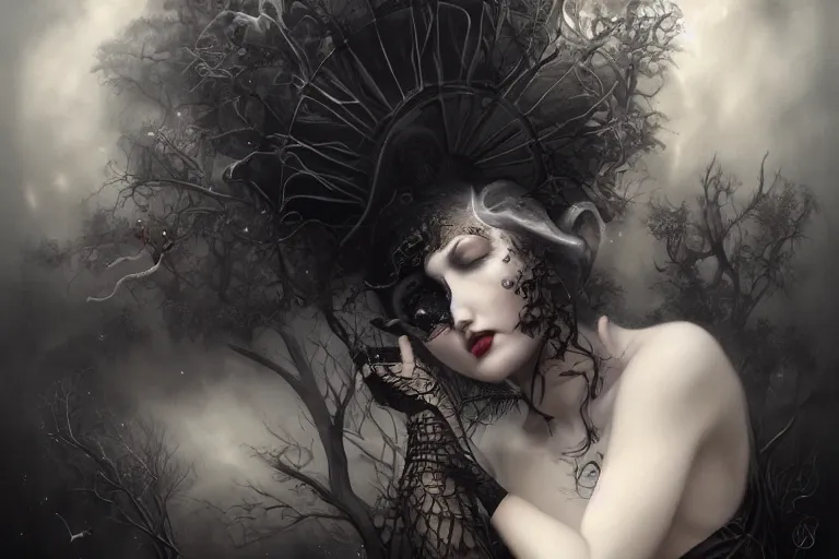 Prompt: By Tom Bagshaw, ultra realist soft painting of curiosities carnival by night, very beautiful horn single female gothic wearing corset sleeping, symmetry accurate features, very intricate details, omnious sky, black and white, volumetric light clouds