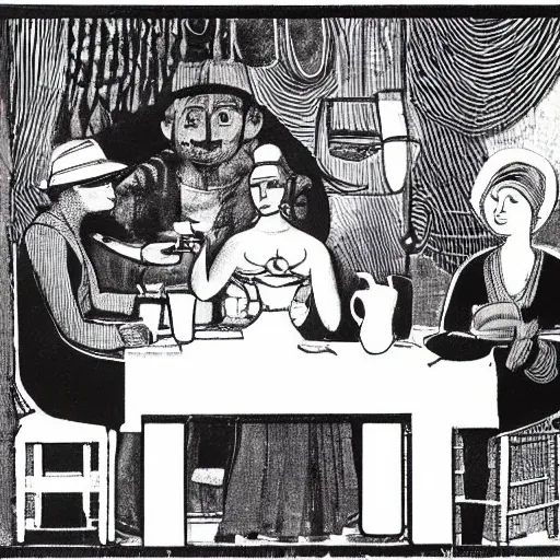 Image similar to The art installation depicts two people, a man and a woman, sitting at a table. The man is looking at the woman with a facial expression that indicates he is interested in her. The woman is looking at the man with a facial expression that indicates she is not interested in him. There is a lamp on the table between them. black velvet by Dorothy Lathrop subtle