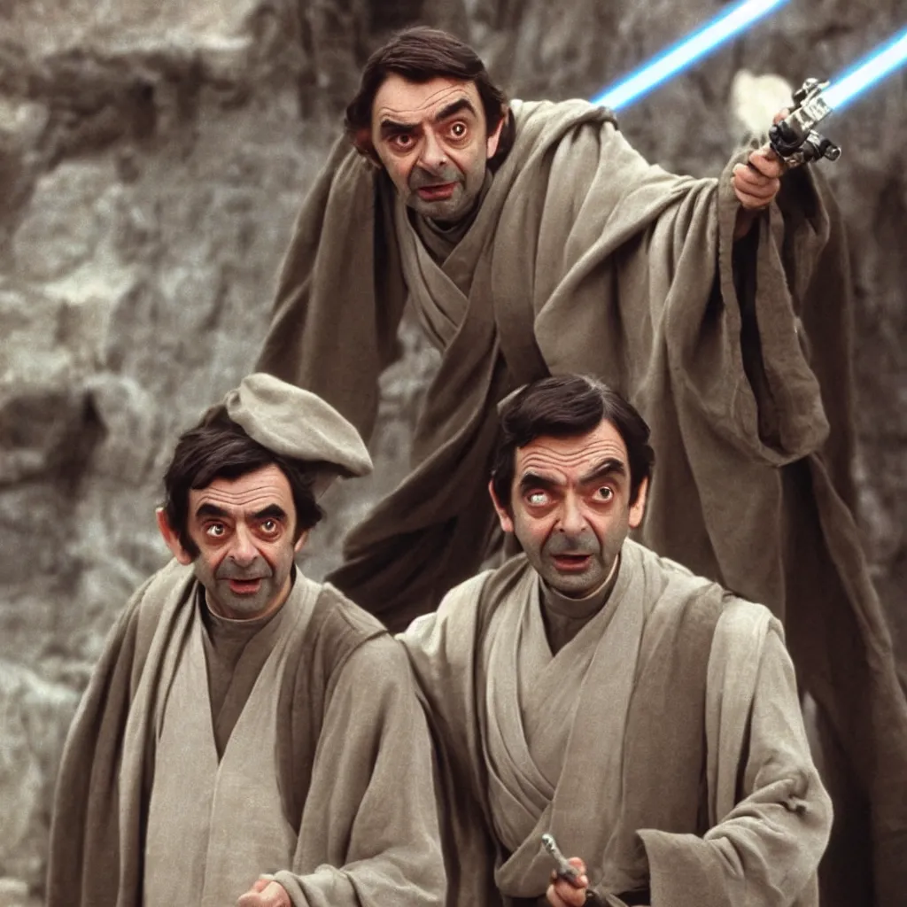 Image similar to Still of Mr. Bean as jedi master Obiwan kenobi!!!!. in Star Wars (1977). detailed eyes. medium shot, technicolor. light saber