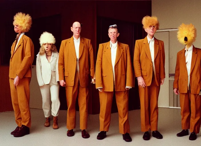 Image similar to realistic photo portrait of the team, brown mustard cotton fluffy carnival costumes, pigeon head face portrait, wooden polished and fancy expensive wooden science laboratory hall interior with plants 1 9 9 0, life magazine reportage photo, david lynch, michelangelo antonioni, red desert, twin peaks