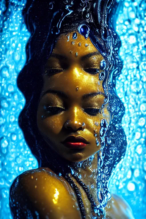 Prompt: hyperrealistic post rococo cinematic very expressive! black oshun goddess, in water up to her shoulders, translucent dripping droplet!, gold flowers, highly detailed face, digital art masterpiece, smooth eric zener cam de leon dramatic pearlescent blue back lighting, low angle uhd 8 k, sharp focus