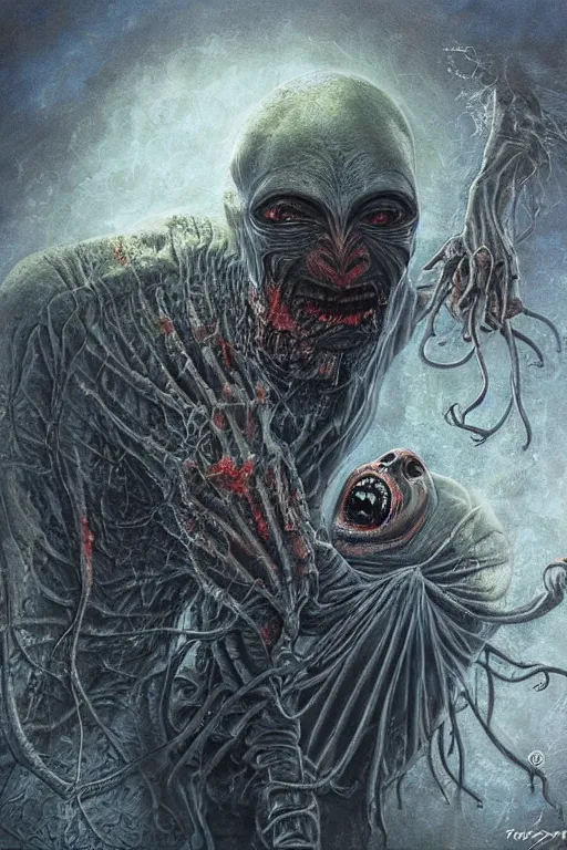 Prompt: an alien entity parasite clinging to someone's face so that it looks like a mask. the person's eyes are bloodshot and he is laughing maniacally. art by peter mohrbache and tomacz alen kopera.