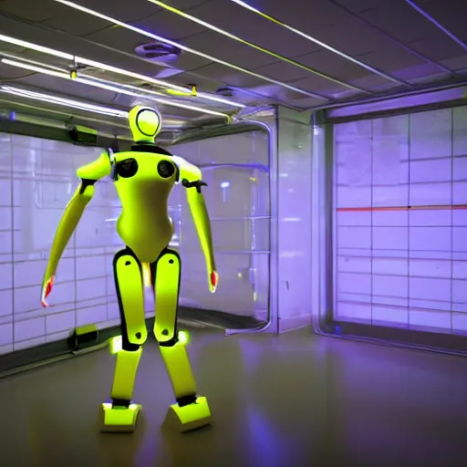 Image similar to futuristic humanoid robot in a containment facility, photorealistic, neon lights,