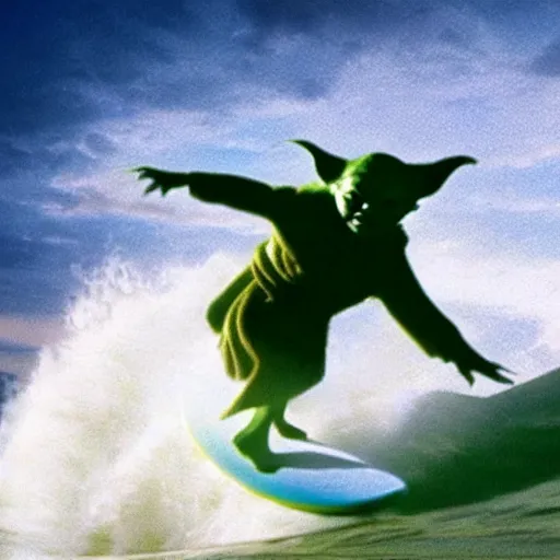 Image similar to stunning awe inspiring yoda surfing, movie still 8 k hdr atmospheric lighting