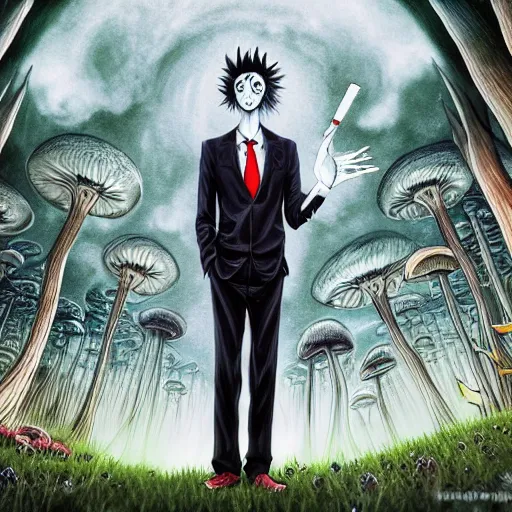 Image similar to a centered chest up portrait of a psychedelic demonic anthropomorphic forest animal in a suit smoking a hand - rolled cigarette smoking heavily, magic mushroom village in background. award winning. superb resolution. in the art style of junji ito and greg rutkowski. detailed mushroom city in background. hyper realistic anime. perfect art. dalle 2