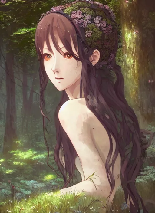 Image similar to a portrait a dryad in a forest, very anime, intricate, tone mapped, ambient lighting, highly detailed, digital painting, artstation, concept art, sharp focus, by makoto shinkai and akihiko yoshida and hidari and wlop