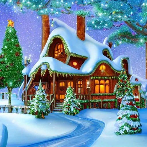 Image similar to fancy treehouse style mansion at the north pole decorated for christmas on snowy winter background, detailed luminescent oil painting 4 k