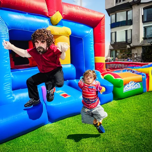 Image similar to peter dinklage jumping in a bouncey castle at a birthday party, ( sony a 7 r iv, symmetric balance, polarizing filter, photolab, lightroom, 4 k, dolby vision, photography awardm, voque, perfect face )