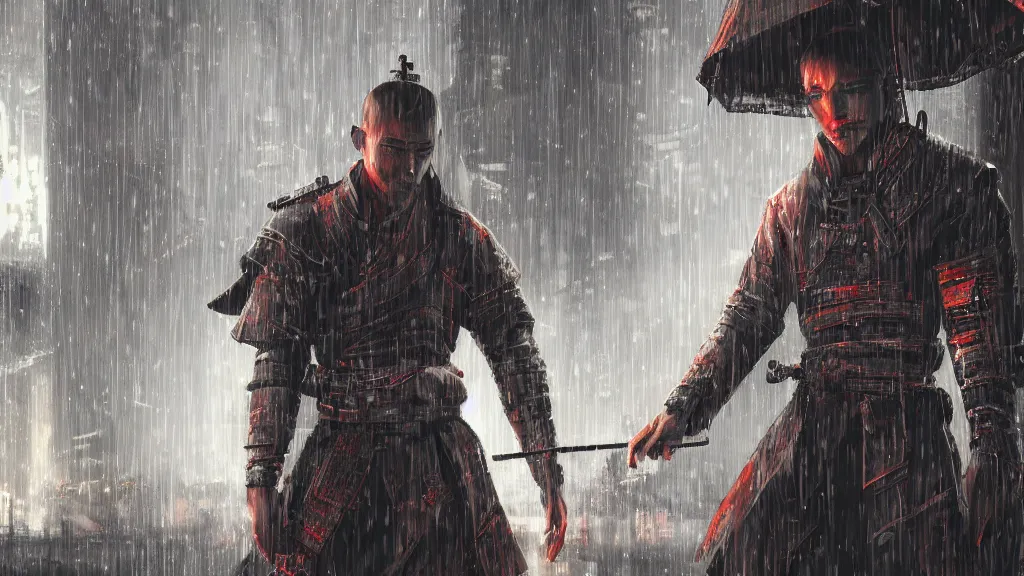 Prompt: a samurai in a cyberpunk world, raining, digital art, photorealistic, 4k, reflections,