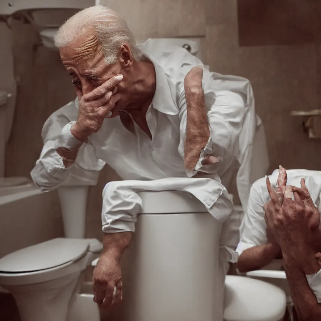 KREA - joe biden picking his nose while sitting on the toilet, cinematic  framing, cinematic lighting, hdr, gritty, movie still, 4k, 70s psychedelic  style