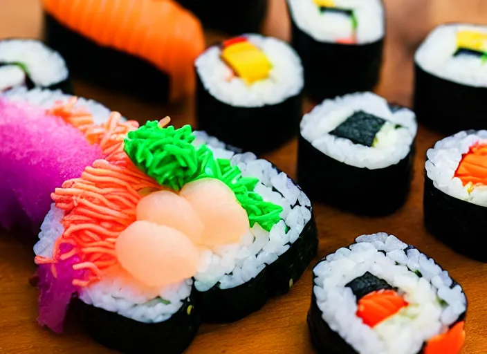 Image similar to dslr food photograph of candy sushi, 8 5 mm f 1. 8