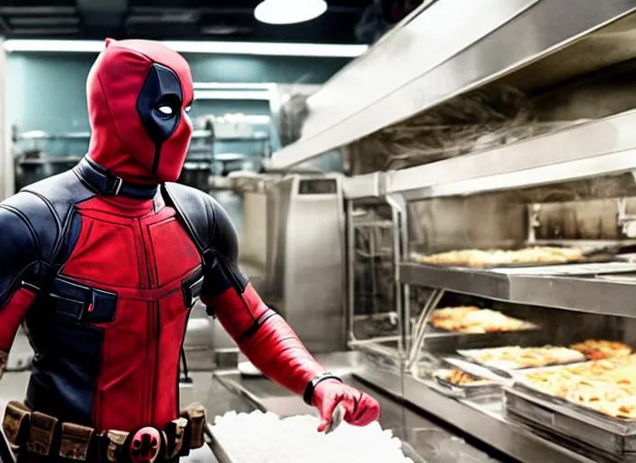 Image similar to film still of Deadpool working in a bakery in the new Deadpool movie, 4k