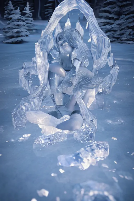 Prompt: a beautiful woman made out of crystal ice sitting by a campfire and slowly melting, by iris van herpen, unreal engine 5, volumetric lighting, path tracing, outdoor campfire pit