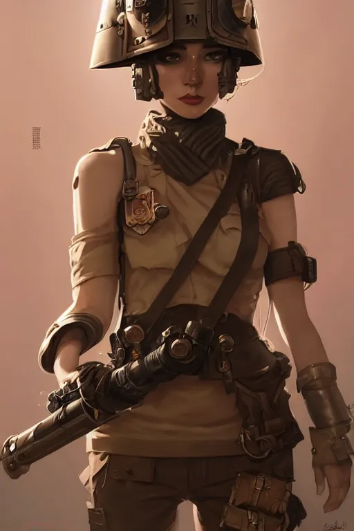 Image similar to dieselpunk soldier girl, helmet, shoulders, chest, portrait, desert, armored, highly detailed, sharp focus, art, illustrations by rossdraws and ayanamikodon and wlop and irakli nadar and loish