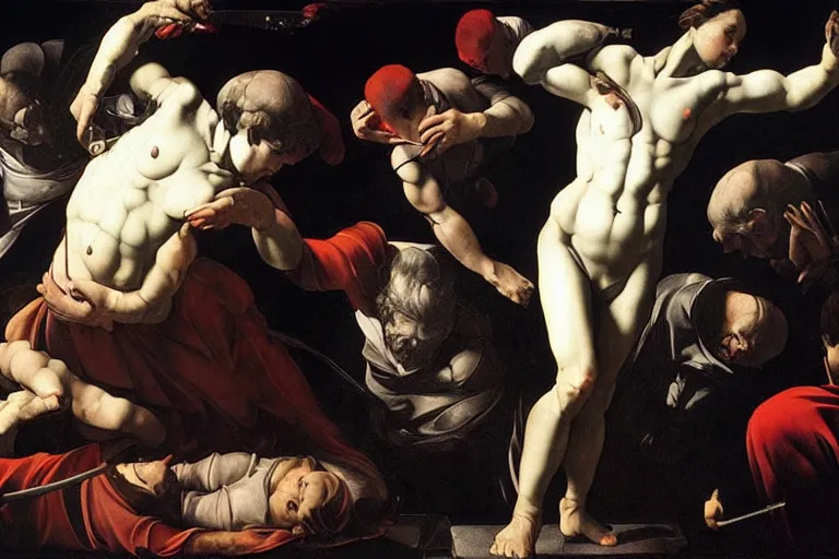 Image similar to Very Highly Detailed Elimination of humanity. Digital concept art by Caravaggio, cyan dimensional light, Many Details by Michelangelo
