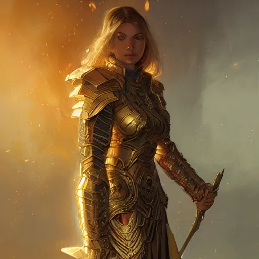 Image similar to female paladin in glowing gold armor, fire sword, D&D, fantasy, intricate, elegant, highly detailed, digital painting, artstation, concept art, matte, sharp focus, illustration, art by Greg Rutkowski and Alphonse Mucha