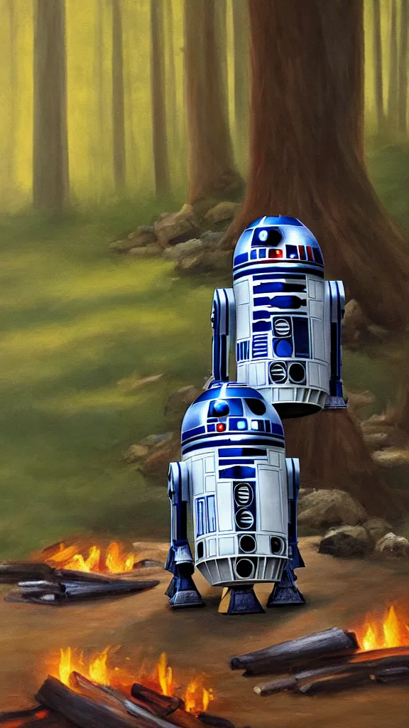 Image similar to an oil painting of r 2 - d 2 sitting by the fire at the ewok encampment, surrounded by trees. color harmony, 8 k detail, gallery quality, hd wallpaper, premium prints available, hyper - detailed, intricate design.