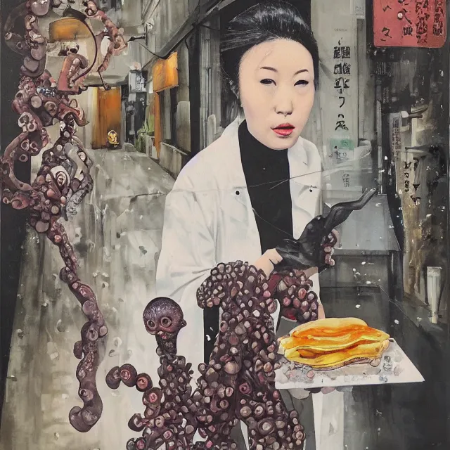 Image similar to a portrait in a dark laneway in tokyo, a woman holding pancakes, berries dripping, scientific instruments, ikebana, octopus, neo - expressionism, surrealism, acrylic and spray paint and oilstick on canvas