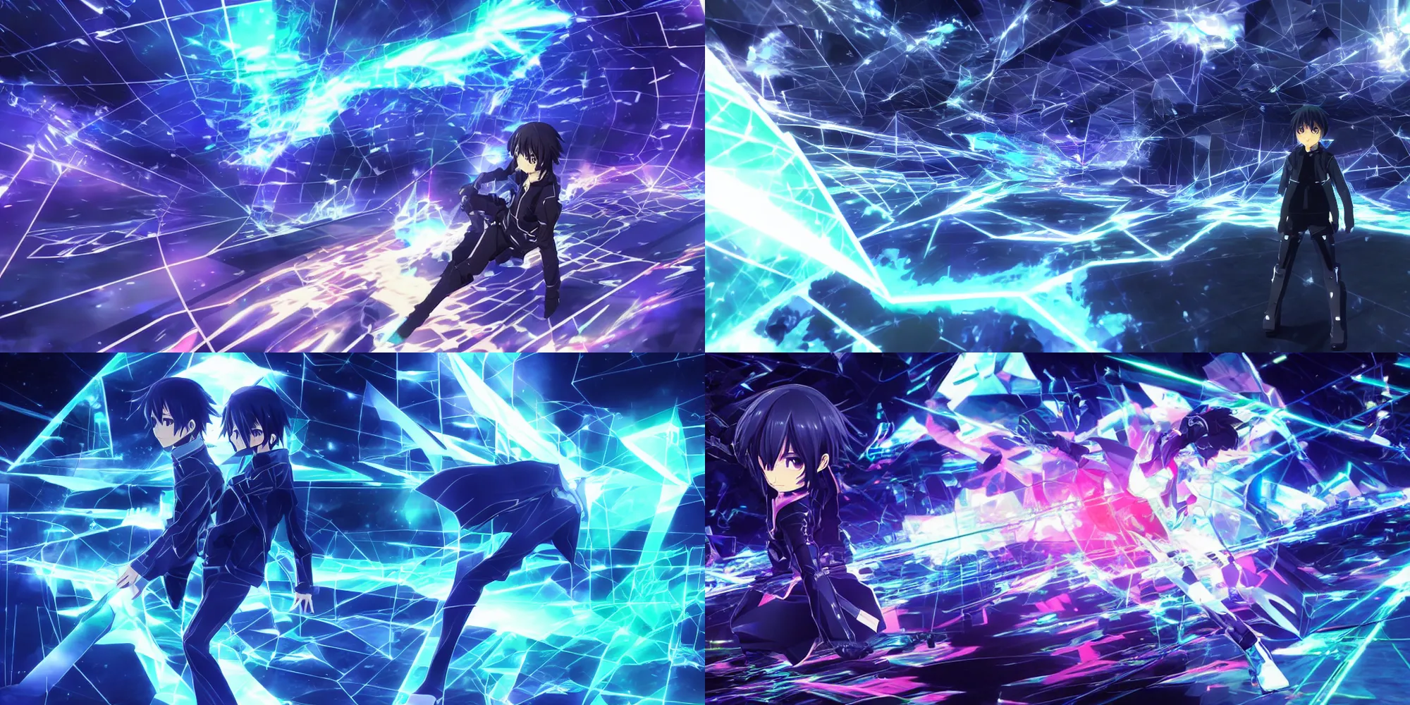 Prompt: Kirito in the metaverse, anime, hyperwave vibes, hexagonal gridspace going into the distance, quantum wavetracing