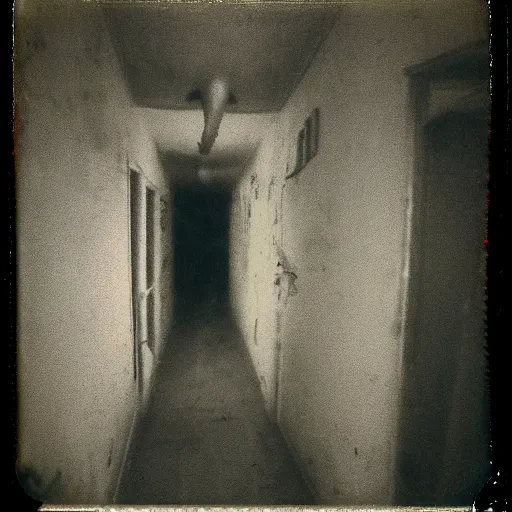 Image similar to a terrifying zombie at the end of a hallway, dark!, creepy, nightmare fuel!!!, fungus monster, horror, horrifying, unsettling, uncanny valley!, old polaroid, expired film,
