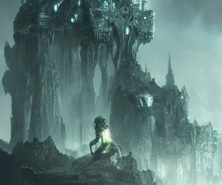 Image similar to translucent glowing cyborg sitting on a metal throne, futuristic castle as background, fantasy sci - fi, highly detailed, metallic, 2 0 0 mm focus