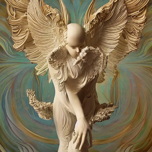 Image similar to ivory figure sculpture depicting the fall of an angel, exuberant organic elegant forms, by Karol Bak and Filip Hodas:: colorful intricate mandala explosions:: Intuit art:: damask wallpaper:: symmetrical