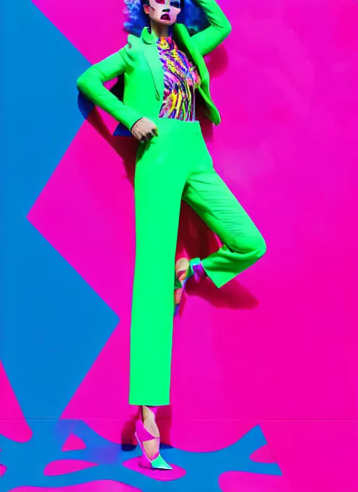 Image similar to bright trouser suit for a rave, bright colors, many details, prints, photo for a magazine, photo for a store, fashion photography, Vogue, 135 mm, cinematic, hyper realism, high detail, 8k, Two models in the frame, dynamic pose,Smooth skin, perfect face