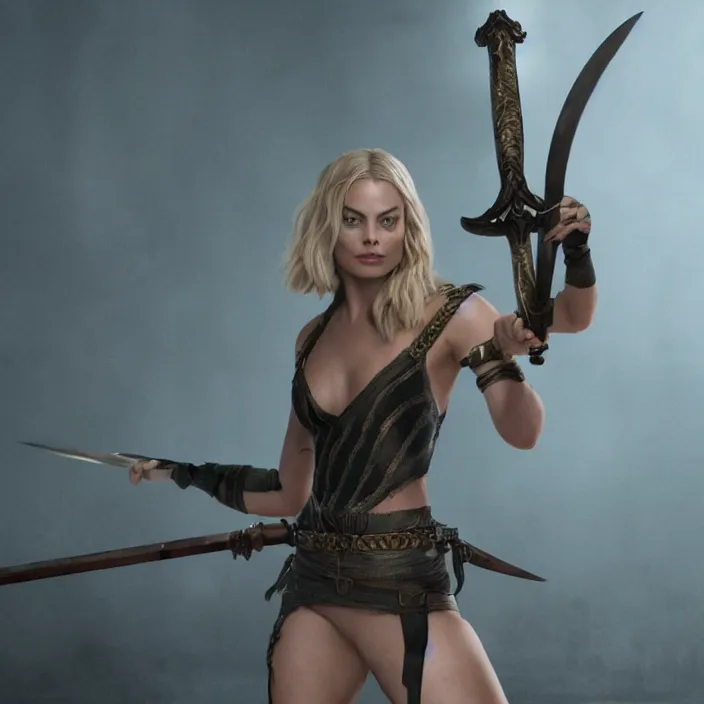 Prompt: margot robbie, holding broadsword, sword. very coherent symmetrical artwork. cinematic, high detail, octane render, 8 k