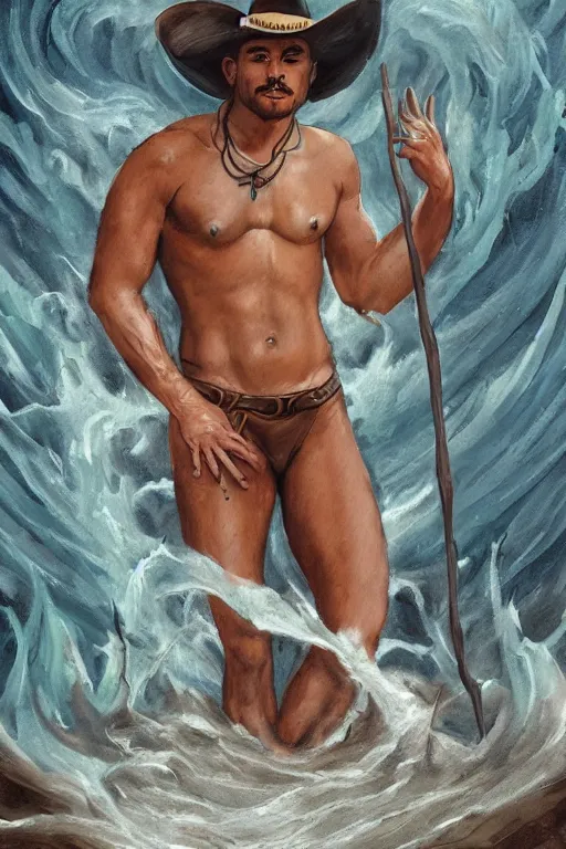 Prompt: a dramatic, epic, ethereal tarot painting of a handsome brown shirtless cowboy | background is a torrential flooding river | tarot card, art deco, art nouveau | by Mark Maggiori | trending on artstation