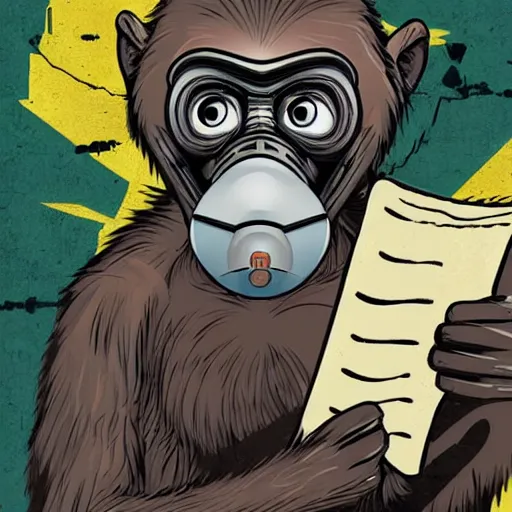 Image similar to a single Monkey reading a book, wearing a gas mask, graffiti, edge to edge, solid color background intricate, highly detailed, smooth, sharp focus, detailed face and body, high contrast