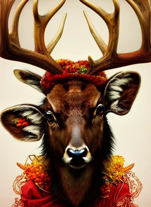 Prompt: symmetry!! portrait of antlered deer wearing a colorful beanie!, ( piercings ), intricate, elegant, highly detailed, digital painting, artstation, concept art, smooth, sharp focus, illustration, art by artgerm and greg rutkowski and alphonse mucha, 8 k