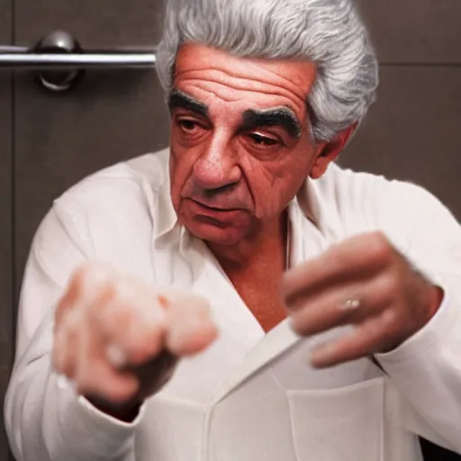 Prompt: phil leotardo in a bathroom washing his hands, realistic, photorealistic, 8 k