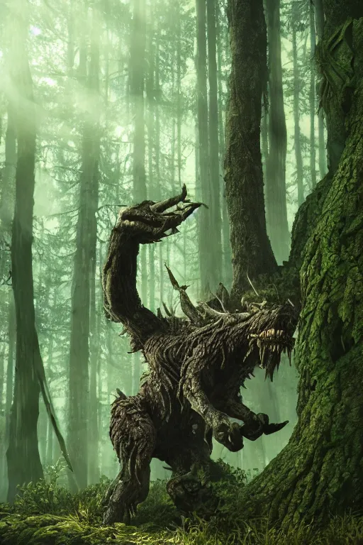 Image similar to forest monster, Witcher, creature design, concept art, weta studio, cinema 4D, extremely detailed, UHD, octane, ILM