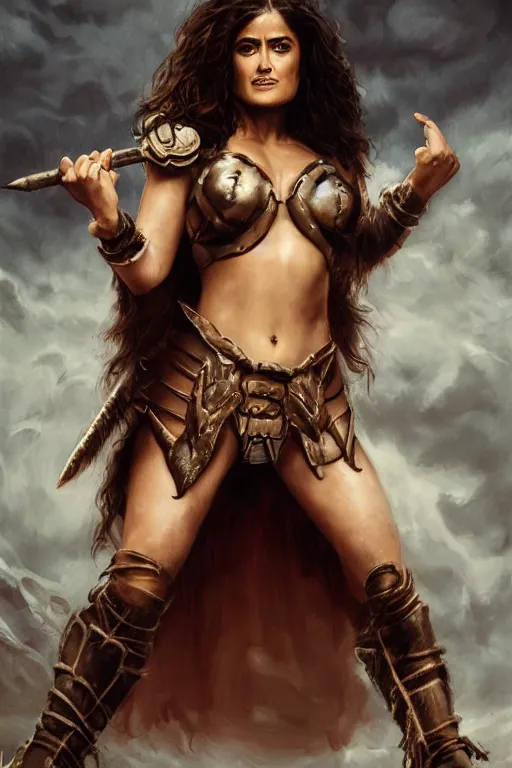 Prompt: portrait, Salma Hayek as a barbarian , dressed in torn white leather and high heeled boots , face portrait, raphael lacoste, eddie mendoza, alex ross, concept art, matte painting, highly detailed, rule of thirds, dynamic lighting, cinematic, detailed, denoised, centred