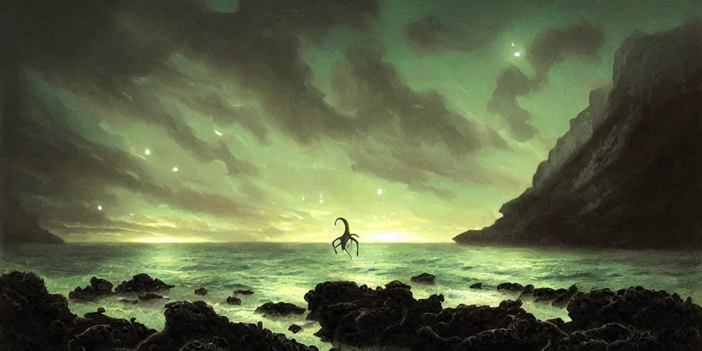 Image similar to landscape view on an old fishing village at night, destryed by a humanoid octopus creature emerging from the ocean, night colors, high - key lighting, beautiful composition, intricate, gradient from green to black, pro photography by, highly detailed, digital painting, art by artgerm and greg rutkowski and alphonse mucha, smooth, sharp focus illustration