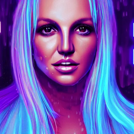 Image similar to a digital painting of britney spears in the rain with blue hair, cute - fine - face, pretty face, cyberpunk art by sim sa - jeong, cgsociety, synchromism, detailed painting, glowing neon, digital illustration, perfect face, extremely fine details, realistic shaded lighting, dynamic colorful background