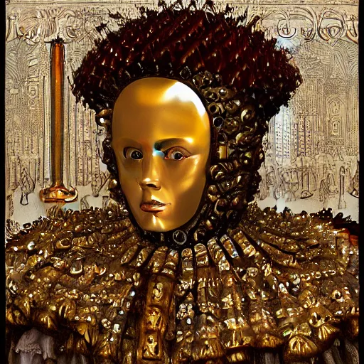 Image similar to a portrait of a shiny metallic renaissance steampunk robot, in the style of Jan van Eyck,