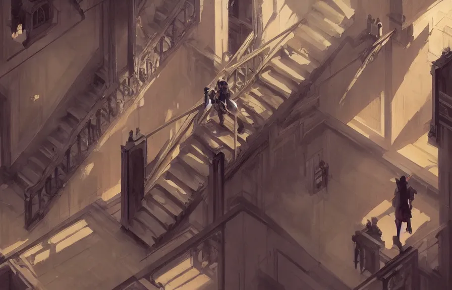 Image similar to greg manchess concept art of a the escher stairs dimension, key visual, ambient lighting, highly detailed, digital painting, artstation, concept art, sharp focus, by makoto shinkai and akihiko yoshida and hidari and wlop and greg rutkowski