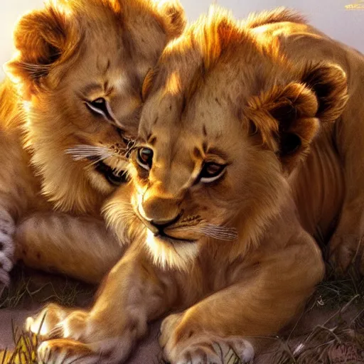 Prompt: two adorable lion cubs cuddling with each other, golden hour, elegant, close up, art by artgerm and greg rutkowski and alphonse mucha, 8k UHD