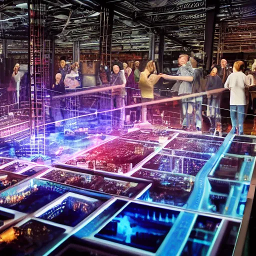 Image similar to crane shot of large group people in open warehouse, looking at hologram of futuristic city on a table, cinematic still, godrays, golden hour, natural sunlight, 4 k, clear details, tabletop model buildings, tabletop model, ethereal hologram center, crane shot, crane shot, rule of thirds, people, people